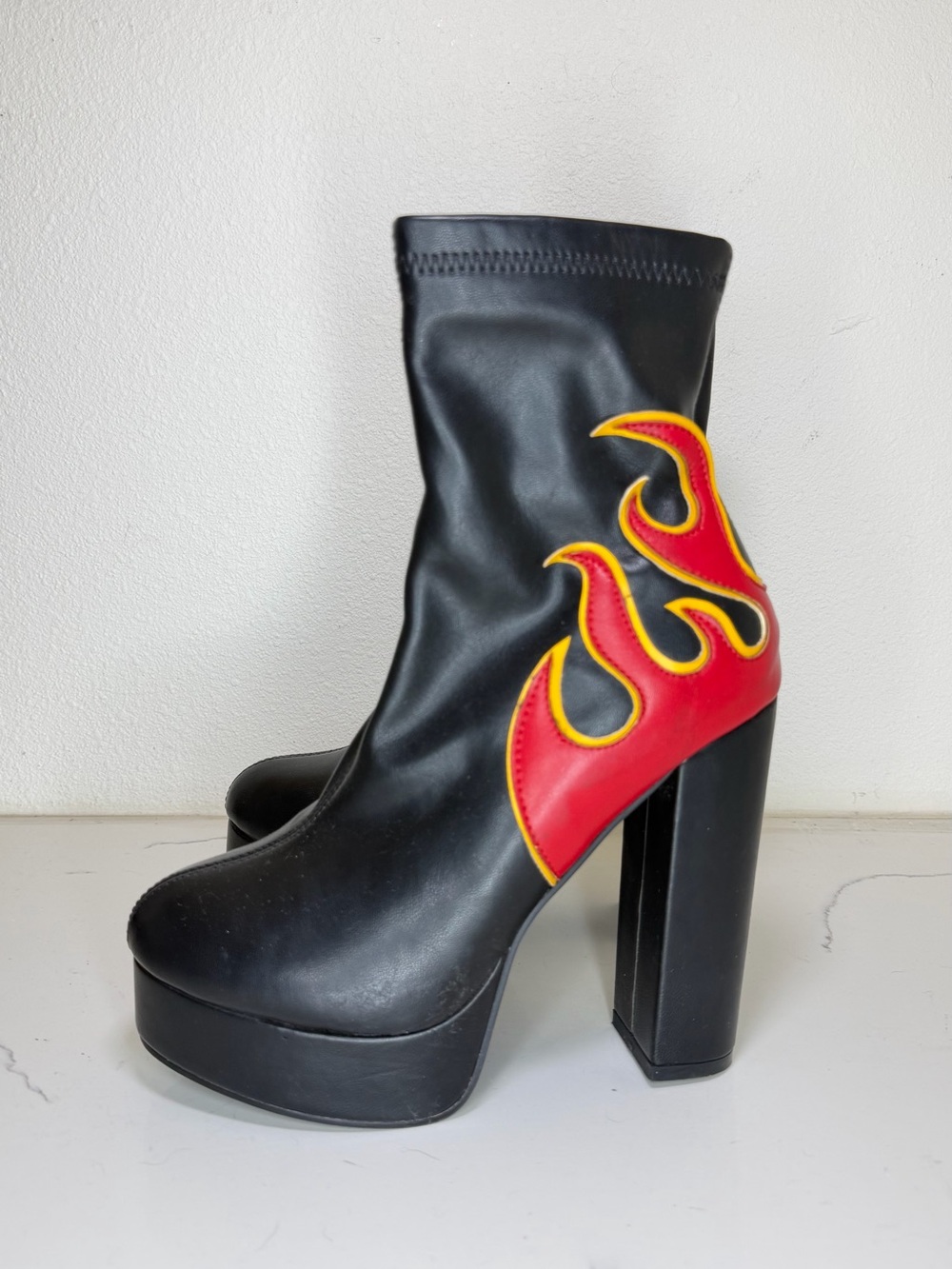 Nasty Gal Black Platform Ankle Boots with Red and Yellow Flame Detail
